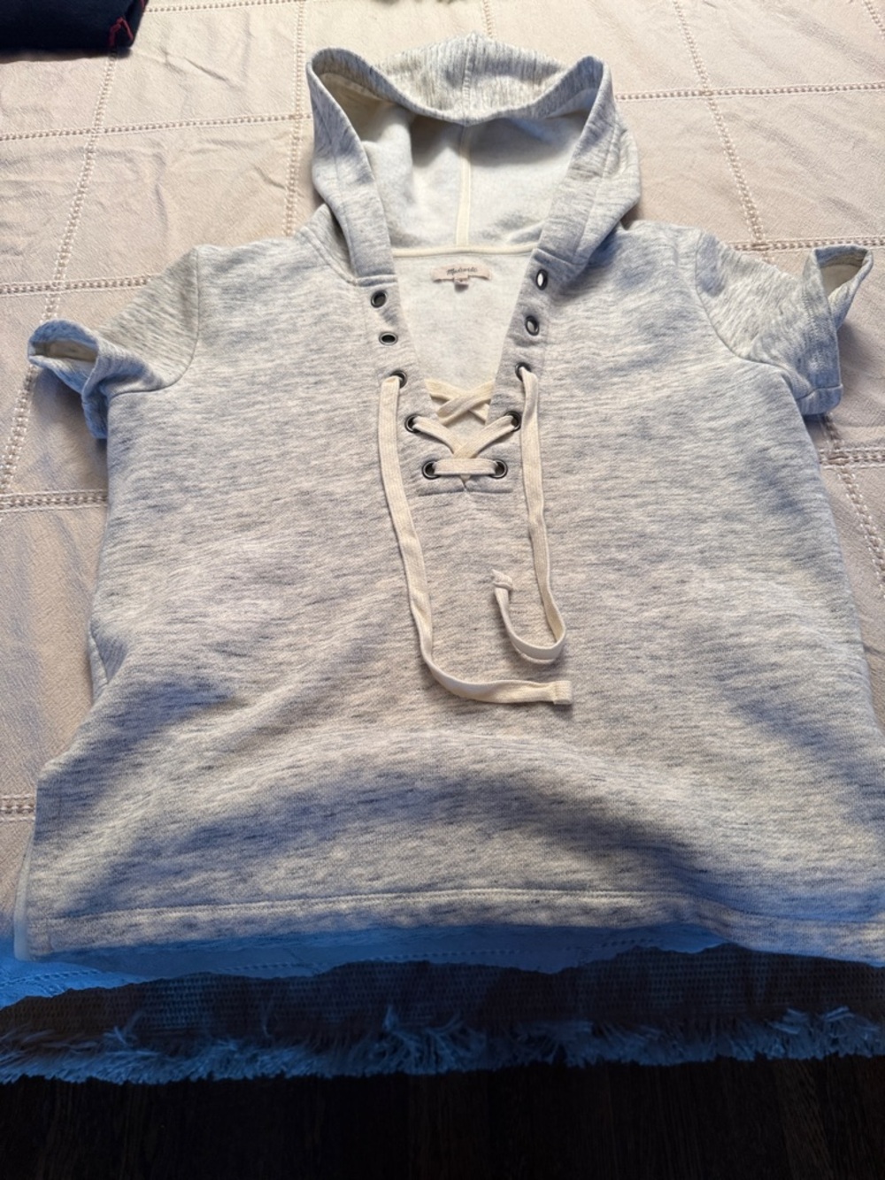 Madewell Short Sleeve Hoodie Sweatshirt Womens Small Heather Gray Lace Up